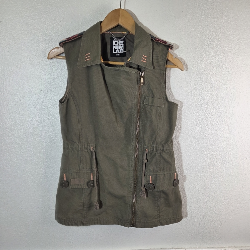 DenimLab Utility Vest Womens Small Olive Green Military Cargo Zip Front Jacket